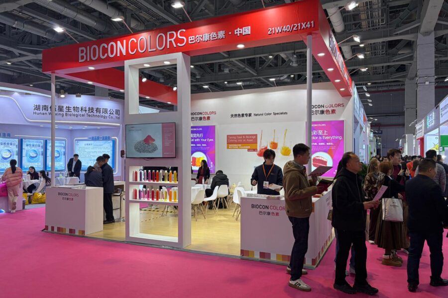 The professional BioconColors exhibition stand at a major food ingredients trade show in Shanghai 2026, showcasing innovative natural colorant solutions for the Asian market.